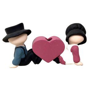 Unglazed Ceramic Amish Couple Sitting Together w/ Heart  - Cute Decor Piece!